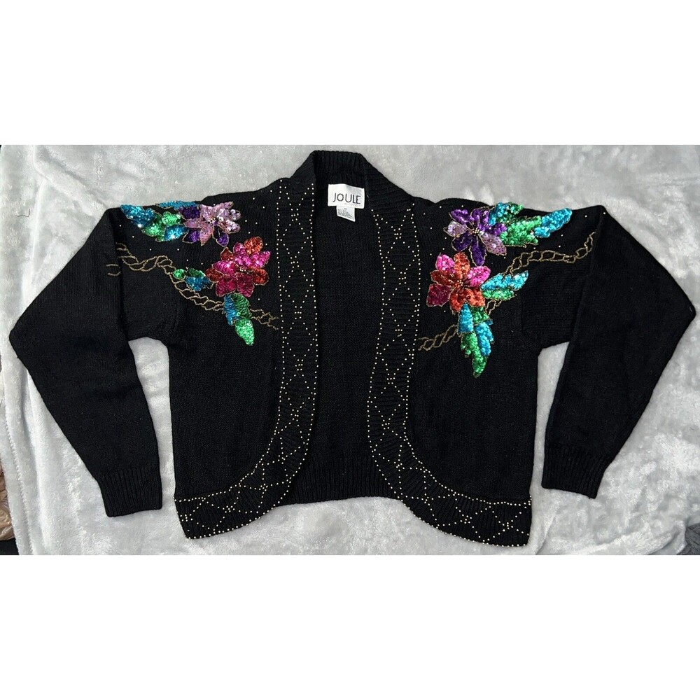 Joule Energy Vintage 90s Women M Silk Blend Knit Open Cardigan Embellish Floral